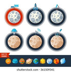 Moon and other planets icons in cartoon flat style, isolated on white background.