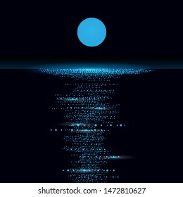 Moon over sea at night. Moonlight path. Vector. Blue.