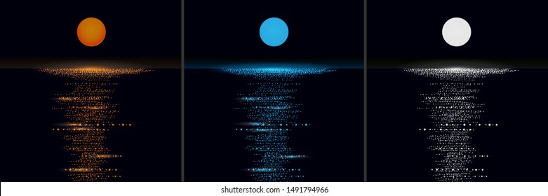 Moon over sea at night. Moonlight path. Vector. 3 options - orange blue and black and white.