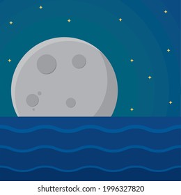 Moon over the sea. Sea waves. Flat design.