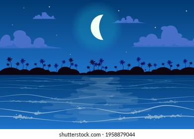 Moon over tropical island landscape background in flat style. Moonlight at night sky, palm trees on seashore, seaside resort, wave sea, ocean water. Nature scenery. Vector illustration of web banner