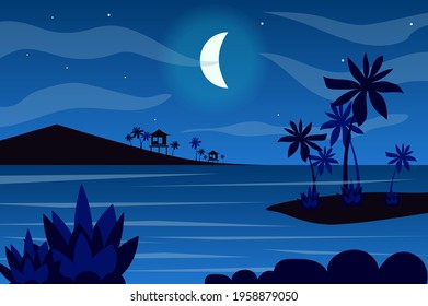Moon over tropical islands landscape background in flat style. Moonlight at night sky, bungalow silhouettes, palm trees on seashore, seaside resort. Nature scenery. Vector illustration of web banner