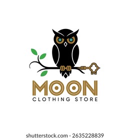 Moon Owl clothing store logo design. Owl pictorial logotype for business, company, logo, stamp, mascot, label. Elegant minimalist owl logo. Symbol of smart, intelligence, science, education