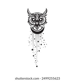 Moon and owl face and stars Icon Vector illustration. Boho Witch and Magic symbol. mystic art sign, emblem isolated on white background, Flat style for graphic and web 