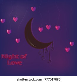 The moon is painted brown, the figures are in the form of hearts of red color, the background is blue, the inscription is the night of love.