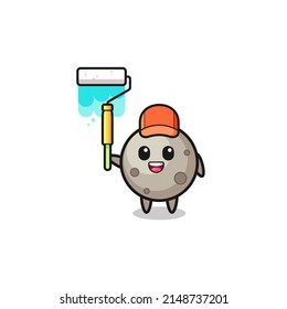 the moon painter mascot with a paint roller , cute design