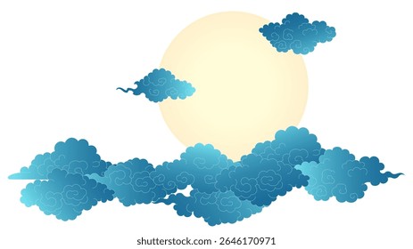 Lua parcialmente coberta por nuvens isoladas em transparente. Ilustração de vetor desenhada à mão. Qixi, Mid Autumn Festival elementos de design. Chinês, japonês, coreano clipart. Arte tradicional budista thangka