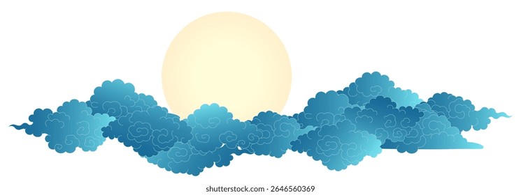 Moon partially covered by clouds isolated on transparent. Hand drawn vector illustration. Qixi, Mid Autumn Festival design elements. Chinese, Japanese, Korean clipart. Traditional Buddhist thangka art