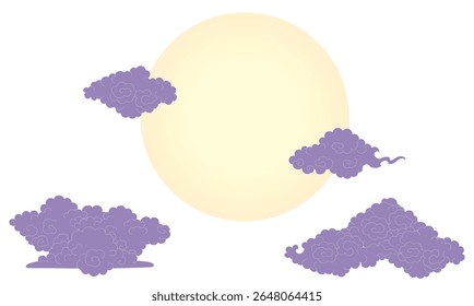 Moon partially covered by clouds isolated on transparent. Hand drawn vector illustration. Qixi, Mid Autumn Festival design elements. Chinese, Japanese, Korean clipart. Traditional Buddhist thangka art