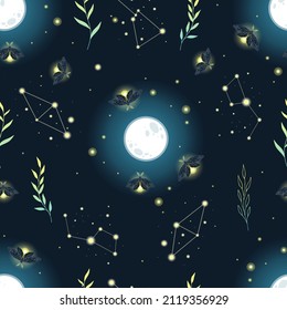 Moon pattern. Ethnic moon seamless pattern. Floral celestial decorative background. Bohemian fabric design. 