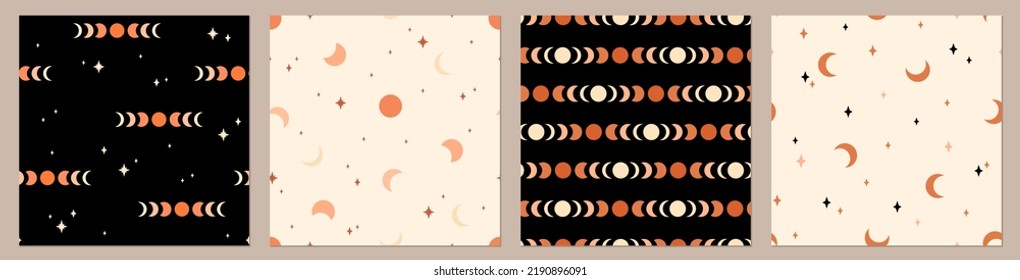 Сollection of moon patterns. Bohemian set. Vector backgrounds. Trendy texture for print, textile, fabric, packaging.