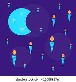 moon with patterns of snowflakes and bright burning candles in the form of icicles on the background of a dark night sky concept of winter holidays and christmas