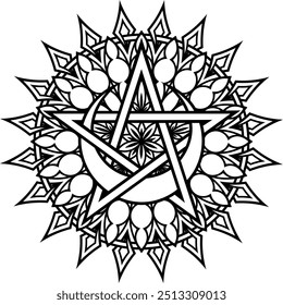 Pentáculo da Lua dentro de ornamento de círculo. Design mágico e elemento de decoração. Linhas altamente detalhadas e elegantes para impressão ou gravação, colorir páginas do livro