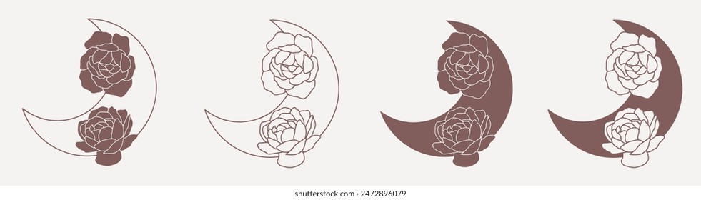 Moon with peonies, line minimalistic vector boho art