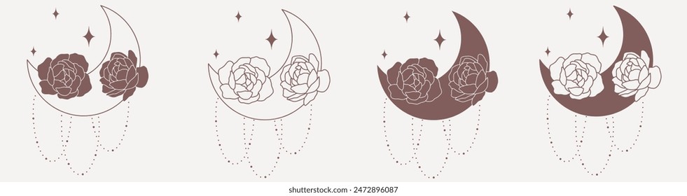 Moon with peonies, line minimalistic vector boho art