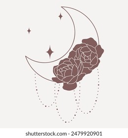 Moon with peonies, line minimalistic vector boho art