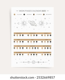 Mondphasen-Kalender 2025. Moderner Minimaler Mondkalender 2025 für südliche Zeitdruckplakate für Astronomie und Astrologie. Mondzyklus vertikale Seite A4 Kalender für das neue Jahr 2025.