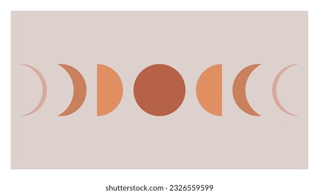 Cambio de fase lunar, icono de ciclo mensual. Calendario de la luna. Forma gráfica marrón pastel de transformación de la luna en el mes. Vector