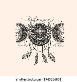 Moon phase crescent flower mandala.Astrology boho witch symbol amulet.Sacred mystic decoration trendy style.Vector illustration.