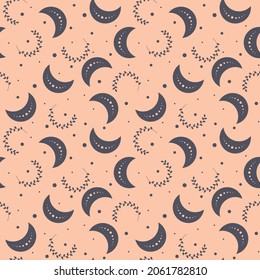 Moon phase diagram. Boho sky background. Ethnic moon. Bohemian fabric design. Hand drawn decorative moon. Boho-natural printing, packaging, wrapping paper. Cute sky illustration.