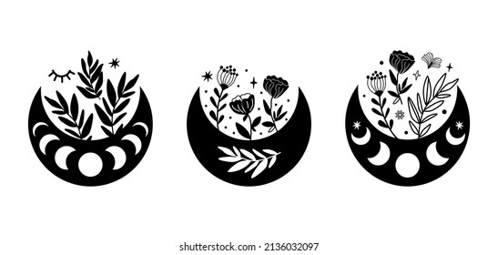 Flores en fase lunar. Colección de luna floral. Flores de fase lunar. Luna floral vectorial. Elemento gráfico floral de media luna negra. Ilustración del dibujo del boho celestial. Signo de astrología. Símbolo de Ramadán.