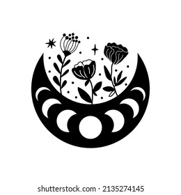 Moon phase flowers. Vector floral moon. Black crescent floral graphic element. Celestial boho drawing illustration. Moon phase and flowers black logo. Astrology moon shape design. Ramadan symbol.