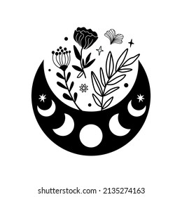 Moon phase flowers. Vector floral moon. Black crescent floral graphic element. Celestial boho drawing illustration. Moon phase and flowers black logo. Astrology moon shape design. Ramadan symbol.