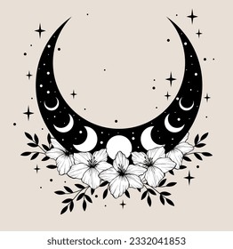 Moon phase flowers. Vector floral moon. Black crescent floral graphic element. Celestial boho drawing illustration. Moon phase and flowers black logo. Astrology moon shape design.