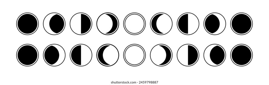 Fase lunar. Ciclo lunar completo. Signo de media luna, forma de depilación y depilación. Cambios en el calendario. Símbolos para el diseño en astrología y espacio.