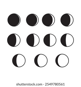 Moon phase. Full lunar cycle. Crescent sign, waxing and waning shape vector set