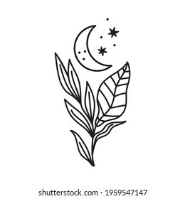 Moon phase hand drawn vector illustration isolated on white background. Boho line art clipart. Moon child print with leafs, stars, moon