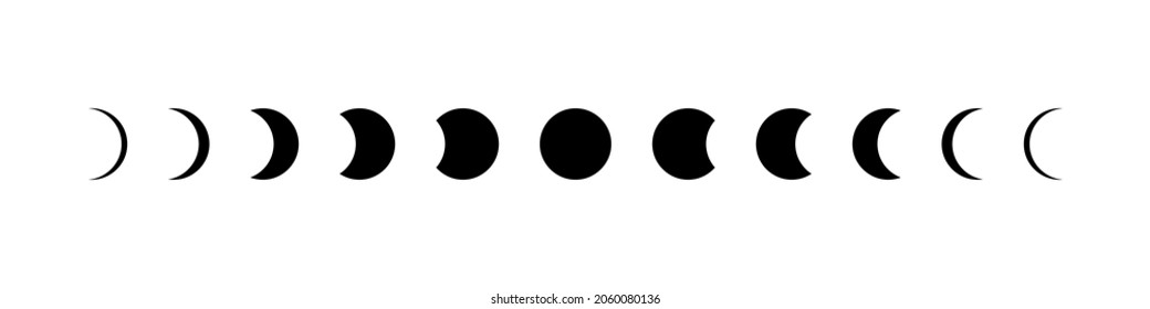 Moon phase. Icon of lunar cycle. stage of moon. Phase of eclipse of sun. Shape of full, half, crescent and quarter of star. Astronomy calendar. Black logo on white background. Symbol of planet. Vector
