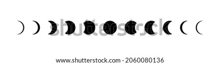 Moon phase. Icon of lunar cycle. stage of moon. Phase of eclipse of sun. Shape of full, half, crescent and quarter of star. Astronomy calendar. Black logo on white background. Symbol of planet. Vector