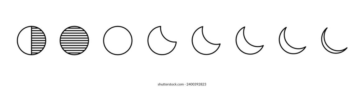 Moon phase icon set. Moon cycle phases vector icons outline. Moonlight icons collection