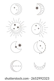 Conjunto de ícones da fase lunar. Contorno dos ícones de vetor das fases do ciclo lunar. Coleção de ícones do luar