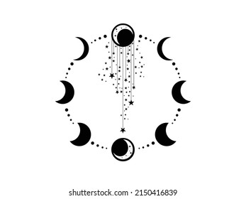 Moon Phase Icon Vector illustration. Moon Circle and Magic Symbol. Mystic art Sign, Moon and Stars emblem isolated on White Background, Flat Style for Graphic and Web Design, logo, Sticker, Tattoo