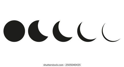 Moon phase icons. Five simple shapes. Black crescent design. Lunar cycle concept.