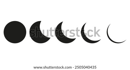 Moon phase icons. Five simple shapes. Black crescent design. Lunar cycle concept.