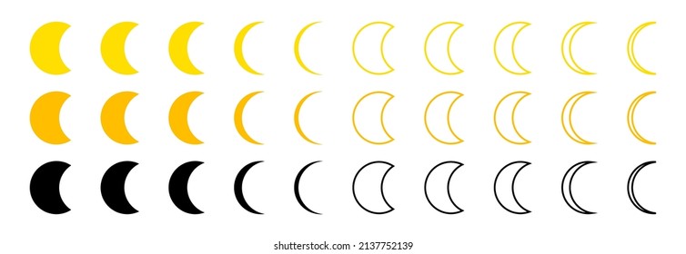 Moon phase icons. Outline crescents. Line moons. Black, orange and yellow crescents. Calendar cycle. Half and full shape. Vector.