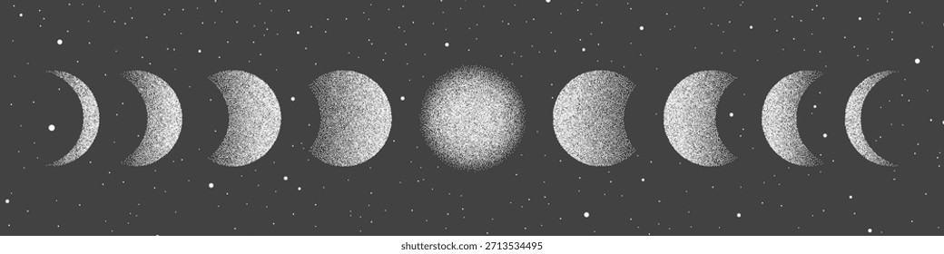 Die Mondphasen-Illustrationen zeigen einen stippelförmigen Rauscheffekt, indem sie Halbmond-, Halbmond- und Vollmond-Formen im flachen Vektorstil mit nächtlicher Himmelsstruktur darstellen.