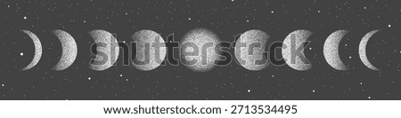 Moon phase illustrations feature stipple noise effect, displaying crescent, half, and full lunar shapes in flat vector style with nocturnal sky texture.