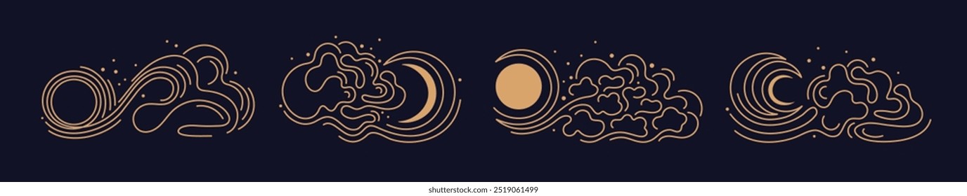 Línea de fase lunar colección de Vector. Ciclo diferente de luna nueva a luna llena. Clima nublado, cielo y estrella. Ilustración de contorno abstracto mágico. Símbolo de yoga y astrología. Ilustración celestial para taro