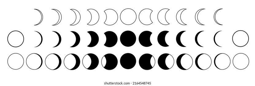 
Moon phase. Lunar cycle black icons set. Stages of the full moon, the crescent of the planet. Moon calendar. Vector illustration