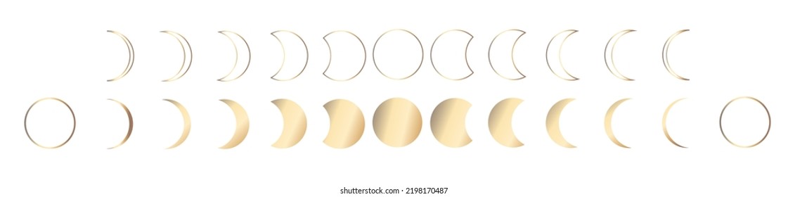 Fase lunar. Iconos de oro del ciclo lunar. Etapas de la luna llena, la media luna del planeta. Calendario de la luna. Ilustración del vector
