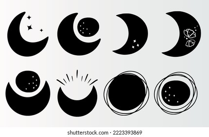 Moon phase set. Moon with stars. Black moon icon. Witch boho moon shape design. Vector illustration.