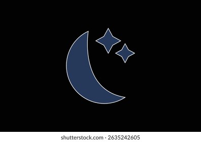 Moon phase symbol. Simple crescent moon vector icon with black background. crescent moon, Shine and sparkle stars vector icon sign. moon and stars logo template icon vector illustration. Eps file 73.