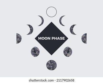 Moon phase. Textured surface of the moon. Lunar phases throughout the cycle. Crescent type design. Astronomical observation of the earth's satellite for a month. Vector illustration