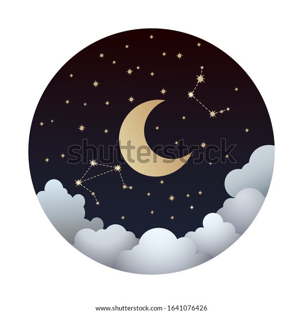 Moon phase. Waning moon with stars, cloud,\
Aries and Libra constellations in a circle. Golden crescent with\
grey clouds in the night starry sky. Good night concept. Isolated\
vector illustration.