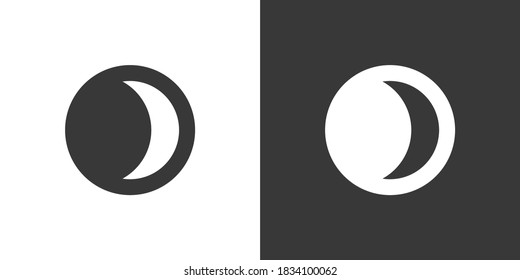 Moon phase. Waxing crescent. Isolated icon on black and white background. Weather vector illustration