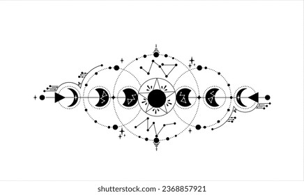 Moon phase.minimal line art magic moon with geomagnetic design Mystic lunar phase for tattoo.